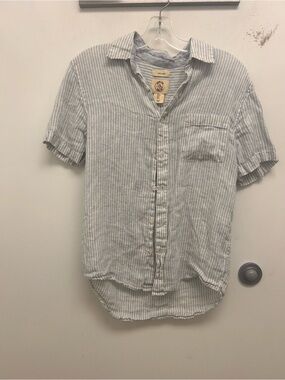 100% Linen Panama Jack Light Blue and White Striped Short-Sleeve Button-Up Shirt